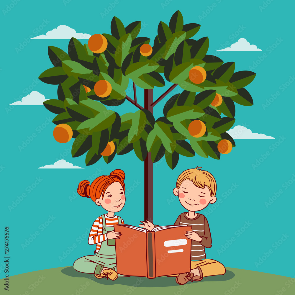 Cute boy and girl reading books under the orange tree Stock Vector ...
