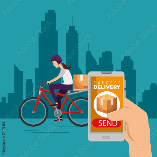 hand with smartphone and woman in the bicycle with box