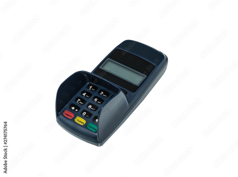 Electronic payment terminal. The case is made of blue plastic. Isolated on white. Electronic payment terminal. The case is made of blue plastic. Isolated on white.