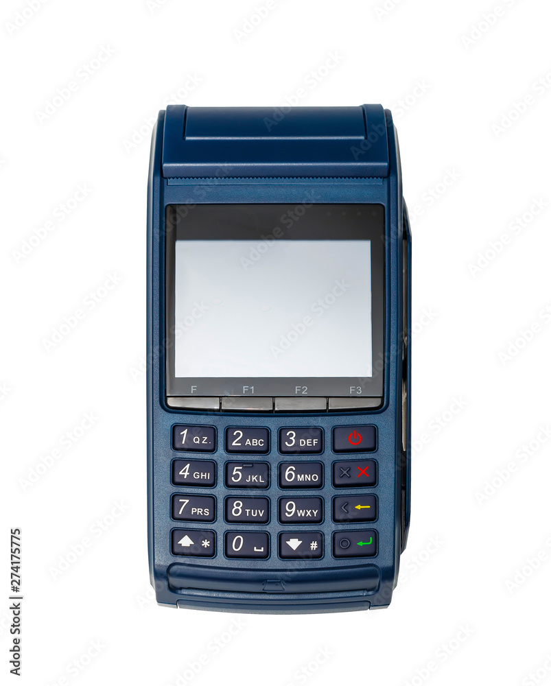 Obraz premium Electronic payment terminal. The case is made of blue plastic. Isolated on white background.
