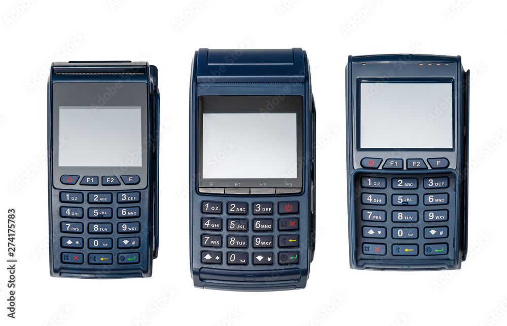 Set of electronic payment terminals. The case is made of blue plastic. Isolated on white. Set of electronic payment terminals. The case is made of blue plastic. Isolated on white.