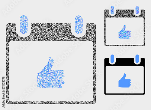 Pixel and mosaic thumb up calendar page icons. Vector icon of thumb up calendar page formed of scattered spheric items. Other pictogram is formed from elements.