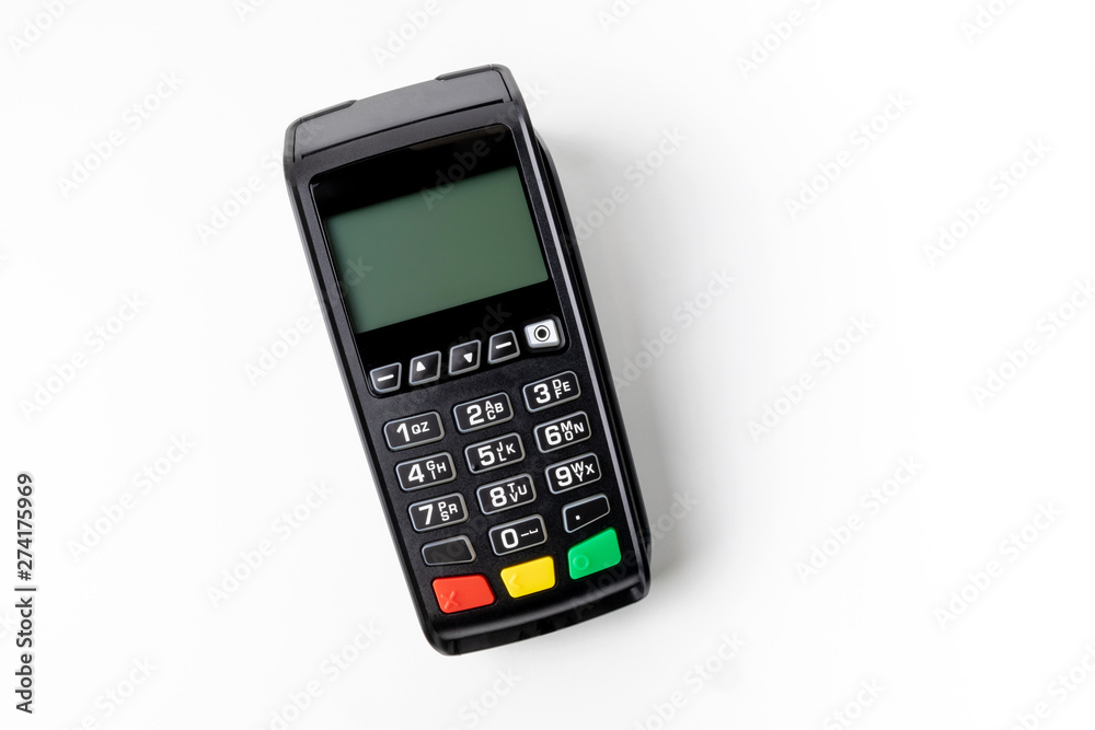 Pos terminal on a white background. Banking equipment. Acquiring. Acceptance of bank credit cards. Contactless payment. NFC Pos terminal on a white background. Banking equipment. Acquiring. Acceptance of bank credit cards. Contactless payment. NFC