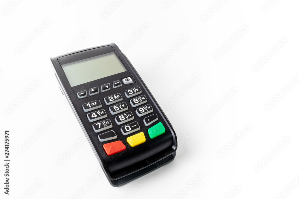 Pos terminal on a white background. Banking equipment. Acquiring. Acceptance of bank credit cards. Contactless payment. NFC Pos terminal on a white background. Banking equipment. Acquiring. Acceptance of bank credit cards. Contactless payment. NFC