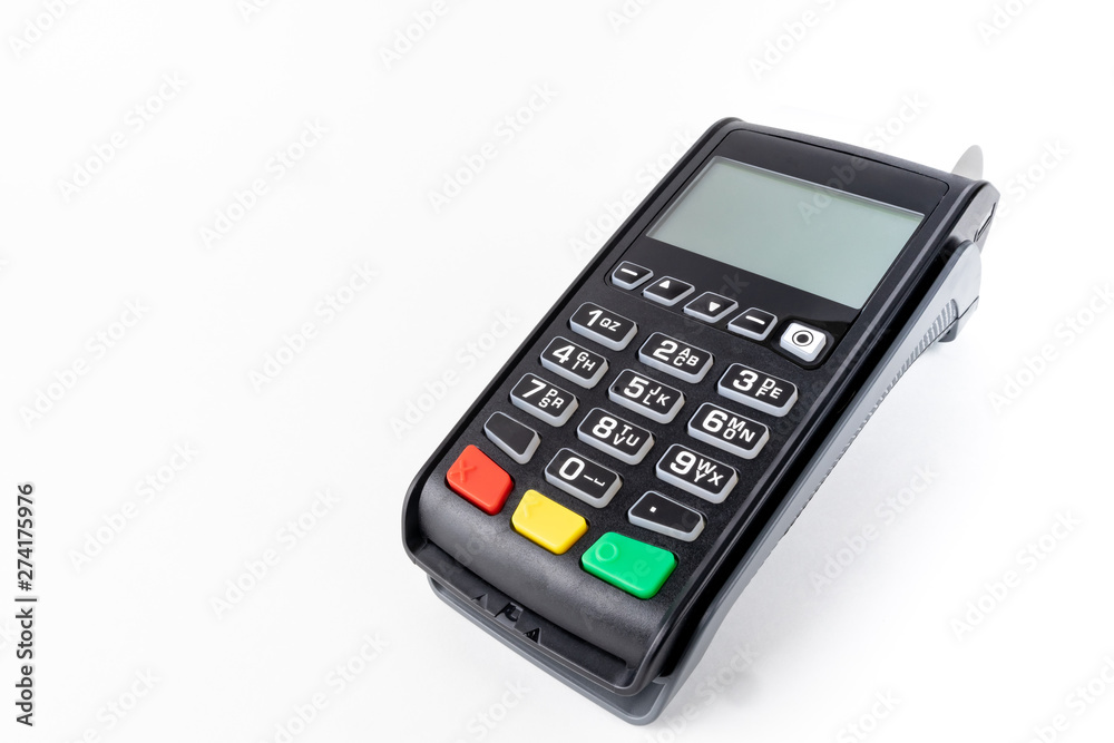 Pos terminal on a white background. Banking equipment. Acquiring. Acceptance of bank credit cards. Contactless payment. NFC Pos terminal on a white background. Banking equipment. Acquiring. Acceptance of bank credit cards. Contactless payment. NFC