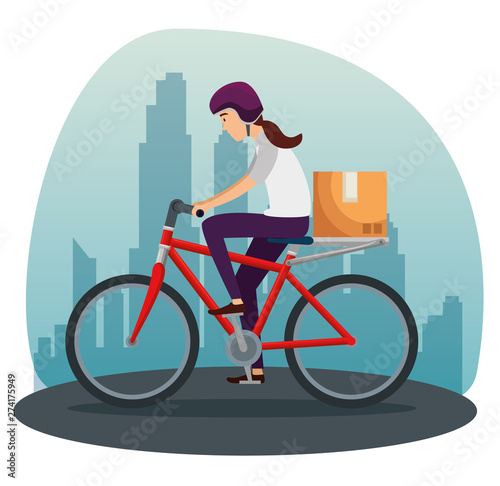 woman in the bicycle with box package distribution