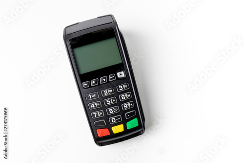 Pos terminal on a white background. Banking equipment. Acquiring. Acceptance of bank credit cards. Contactless payment. NFC