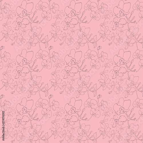 Seamless laconic graphic contour seamless pattern with orchid. Hand-painted pen, handmade.