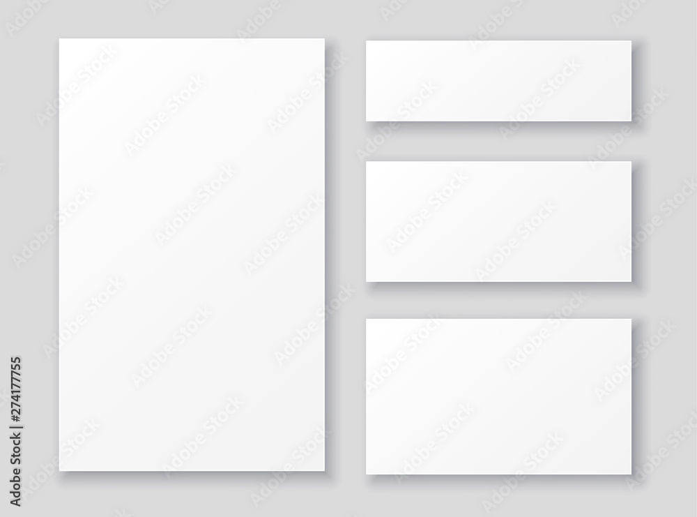 Empty white paper flyers and posters templates in different sizes. Set of realistic vector illustrations with lights and shadows. Perfect mockup for your design.