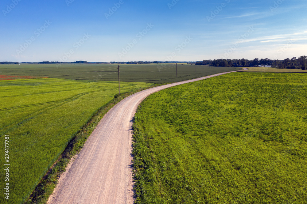 Gravel road in countryside landscape.