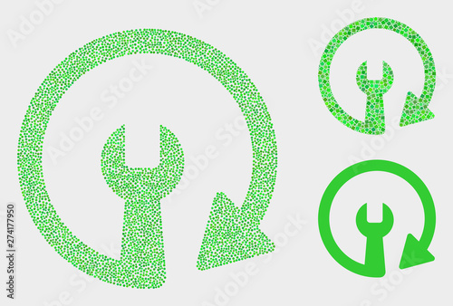 Pixel and mosaic update repair wrench icons. Vector icon of update repair wrench created of randomized round elements. Other pictogram is constructed from rectangle elements.