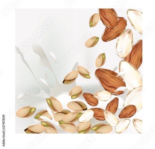 Mixture of pistachio and almond nuts on white background