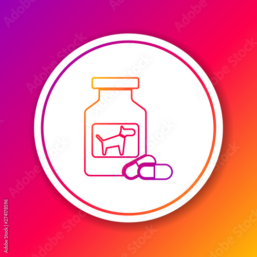 Color Dog medicine bottle and pills line icon isolated on color background. Container with pills. Prescription medicine for animal. Circle white button. Vector Illustration