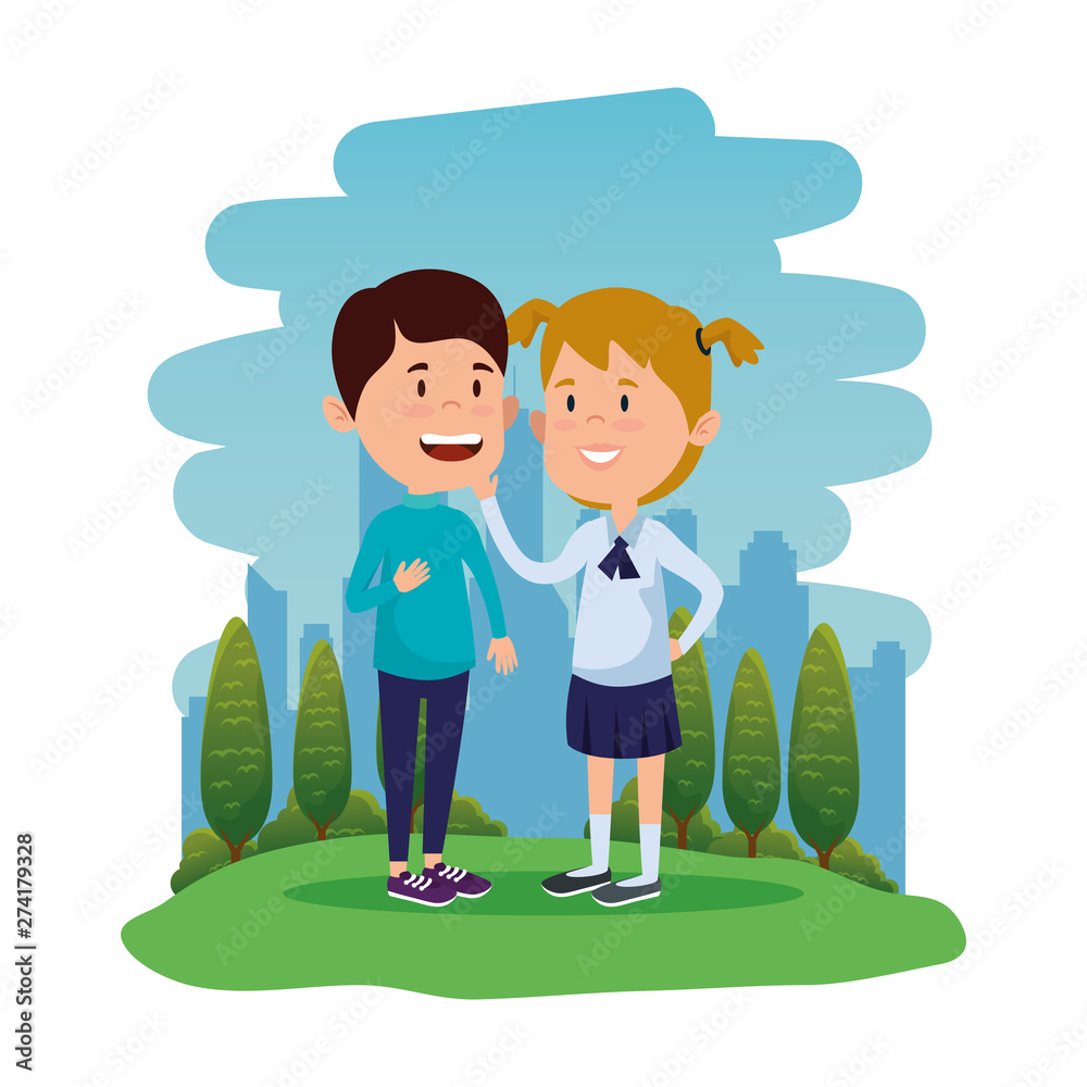 happy little students couple in the field happy little students couple in the field