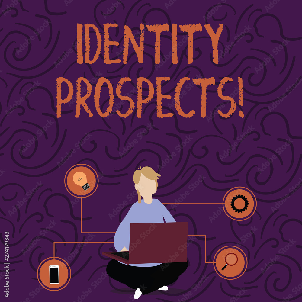 Handwriting text Identity Prospects. Conceptual photo Potential customer Qualified lead is an organization Woman Sitting Crossed Legs on Floor Browsing the Laptop with Technical Icons Handwriting text Identity Prospects. Conceptual photo Potential customer Qualified lead is an organization Woman Sitting Crossed Legs on Floor Browsing the Laptop with Technical Icons