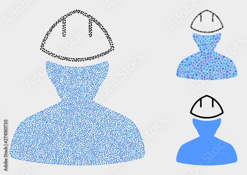 Pixel and mosaic worker icons. Vector icon of worker constructed of randomized round dots. Other pictogram is combined from dots.