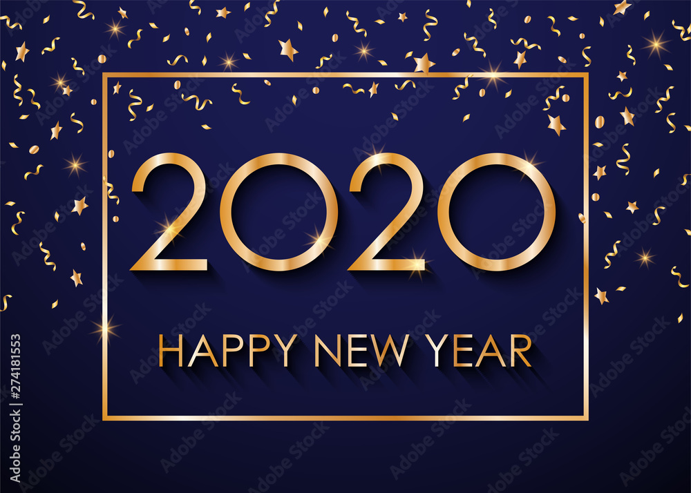 2020 Happy New Year text for greeting card, with gold glitter stars and confetti on a blue background, calendar, invitation.