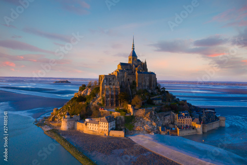 Aerial view of Panoramic view with sunset sky scene at Mont-Saint-Michel, Normandy, France photo