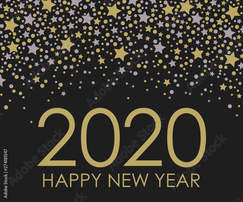 2020 Happy New Year. Minimalistic card with stars isolated on black background. Vector illustration.