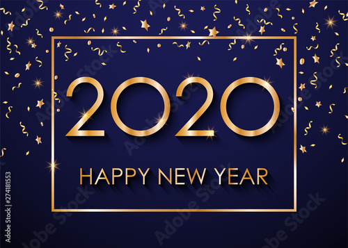 2020 Happy New Year text for greeting card, with gold glitter stars and confetti on a blue background, calendar, invitation.