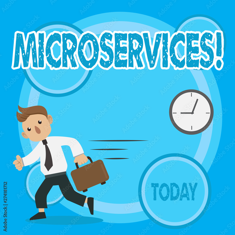 Word writing text Microservices. Business photo showcasing Software development technique Decomposing an application Man in Tie Carrying Briefcase Walking in a Hurry Past the Analog Wall Clock Word writing text Microservices. Business photo showcasing Software development technique Decomposing an application Man in Tie Carrying Briefcase Walking in a Hurry Past the Analog Wall Clock