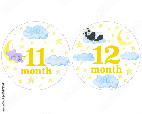 Newborn baby stickers for months watercolor illustrations photo session design stickers scrapbooking greeting cards invitations holiday
