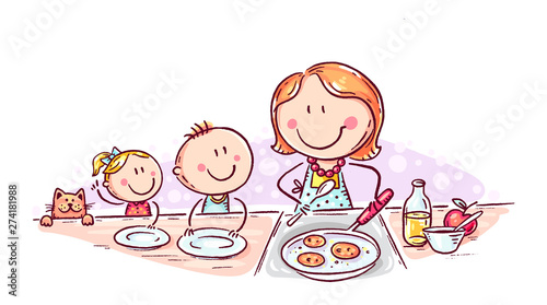 Kids are waiting for pancakes mother is cooking, doodle drawing