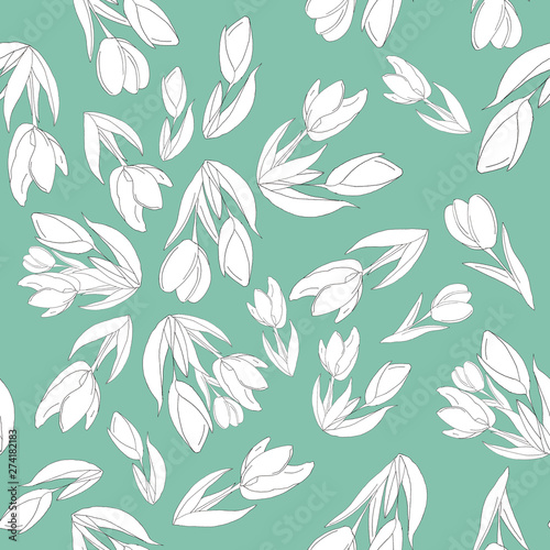 Graphic seamless background with tulips. Hand painted