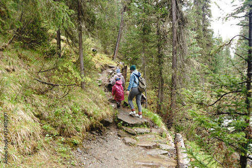 Foto mother with sons hiking in the woods
