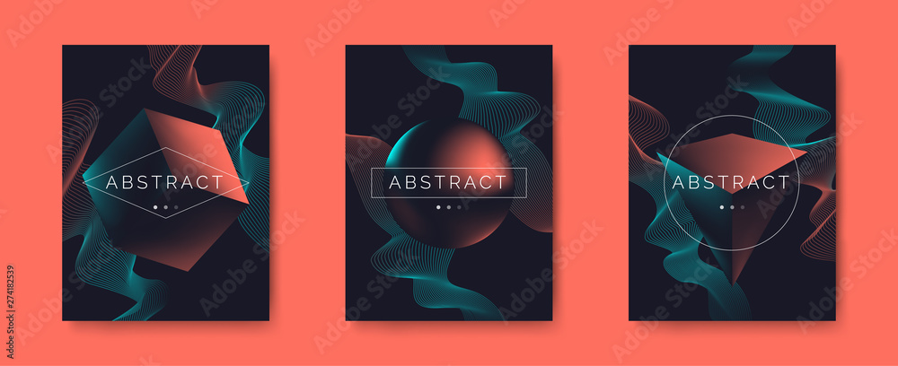 creative   abstract posters  set  with geometric 3d shapes and dynamic waves in minimalism style - obrazy, fototapety, plakaty 