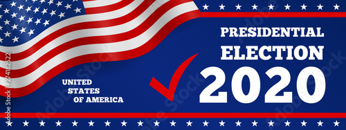 USA 2020 presidential election horizontal banner design with american flag on blue background photo