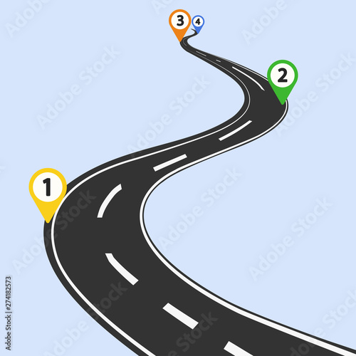 Curved road infographic with color pins checkpoint photo