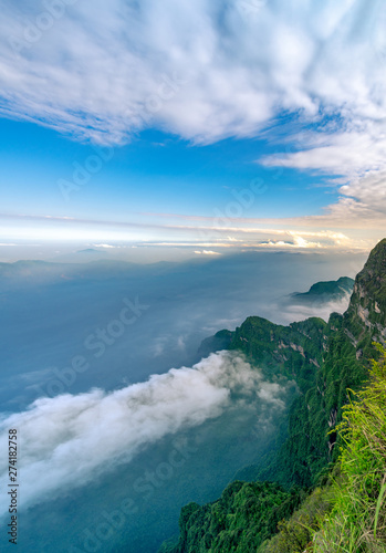 Peaks and seas of clouds under blue sky and white clouds  Emei Mountain  Sichuan Province  China