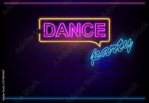 Neon Dance Party on Brick Wall Background with Glowing Colored Effects - Illustration, Vector