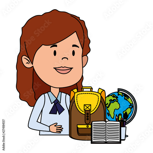 happy student girl with schoolbag and world map