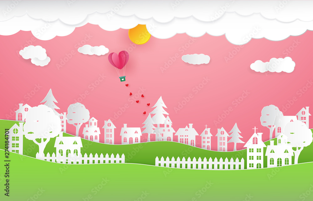 Naklejka premium Illustration of Love and Valentine Day, Paper hot air balloon heart shape floating on the sky.