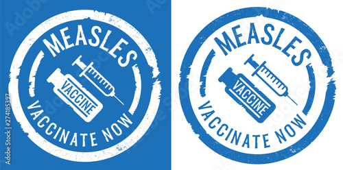 blue measles vaccination rubber stamp prints with syringe and vaccine icon
