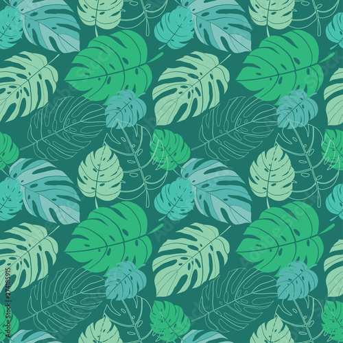 Tropical leaves seamless pattern on a turqoise background