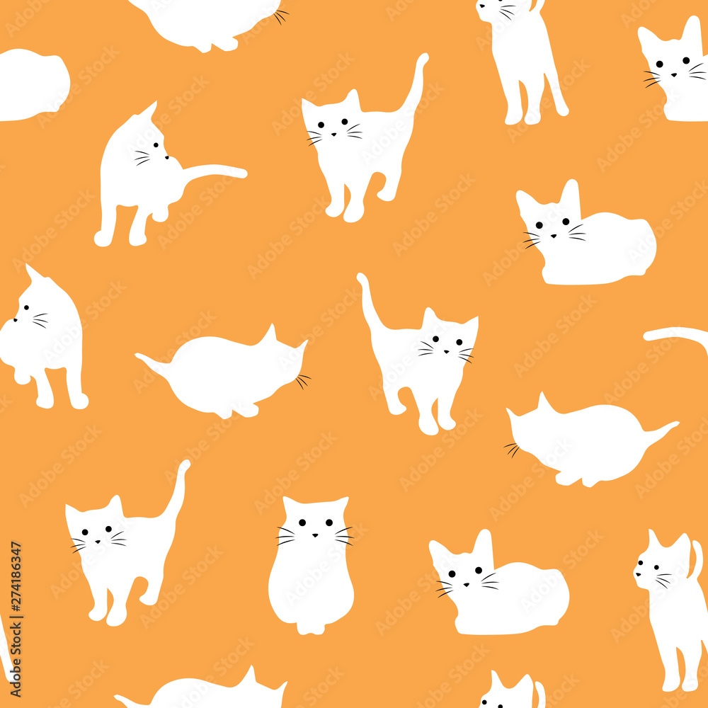 Obraz premium Cute cat silhouette on orange background seamless vector pattern