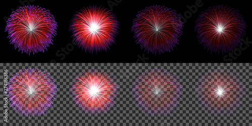 Set of red blue fireworks isolated on transparent dark background