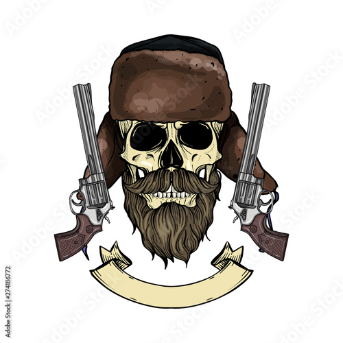 Hand drawn sketch, color skull with beard and mustaches, hat with ear flaps, guns and ribbon for text