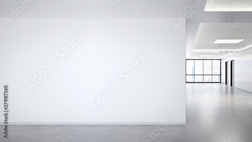 Fototapeta Pusta ściana w jaskrawym biurowym makiecie z dużymi okno i słońcem przechodzi przez renderingu 3D