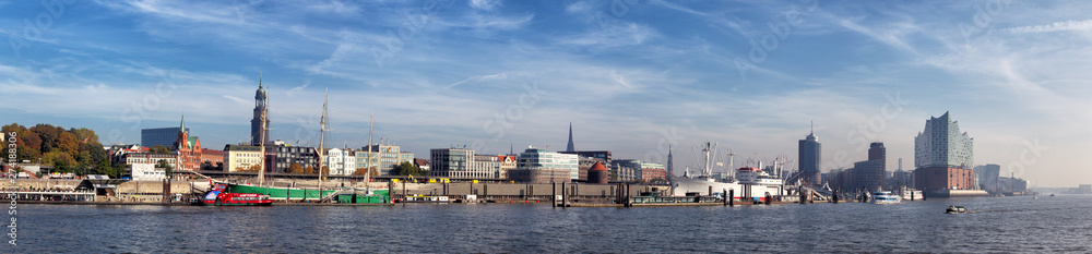 Panorama of the harbour of Hamburg with the Elbphilharmonie.