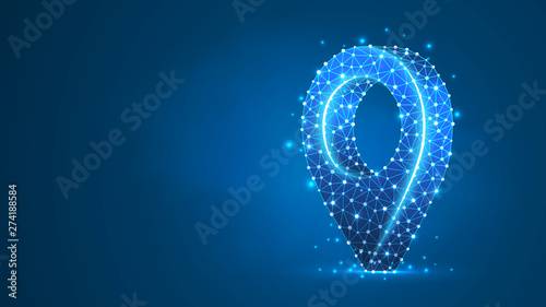 GPS Pin symbol composed of polygon. Business travelling, navigation system, location marker concept. Abstract, digital, wireframe low poly mesh Vector blue neon 3d illustration. Triangle, line, dot