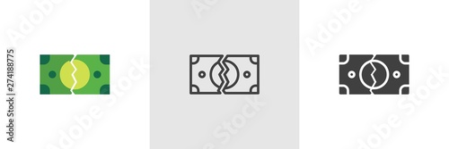 Tearing money banknote icon. Line, glyph and filled outline colorful version, Money Torn outline and filled vector sign. Broken Bills symbol, logo illustration. Different style icons set.