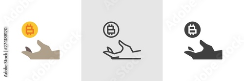 Hand with bitcoin coin icon. Line, glyph and filled outline colorful version, Hand Holding Cryptocurrency Money outline and filled vector sign. Symbol, logo illustration. Different style icons set