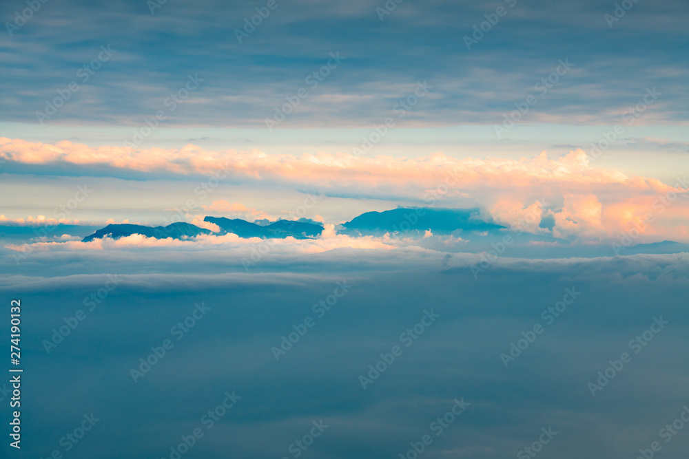 Mountains and seas of clouds at dusk, Emei Mountain, Sichuan Province, China