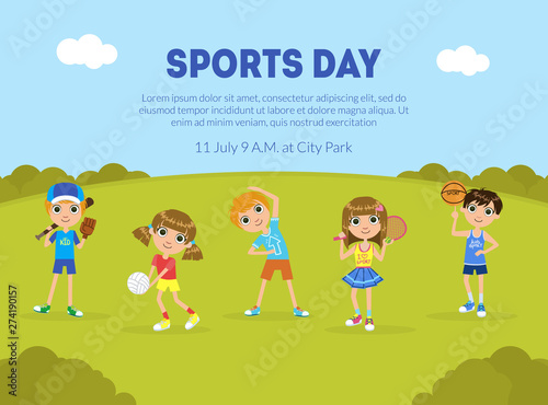 Sports Day Banner Template, Sport Activity Outdoors, Children Doing Sports on Nature, Flyer, Poster, Invitation Card Vector Illustration