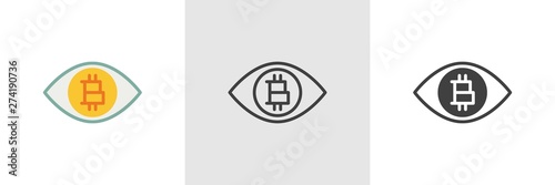 Bitcoin eye icon. Line, glyph and filled outline colorful version, Cryptocurrency mining outline and filled vector sign. Symbol, logo illustration. Different style icons set. Vector graphics