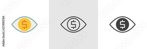 Money viewer icon. Line, glyph and filled outline colorful version, Human eye with dollar outline and filled vector sign. Symbol, logo illustration. Different style icons set. Vector graphics